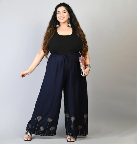 PrettyPlus by Desinoor .com Women Plus Size Navy Blue & Gold-Toned Floral Printed Palazzos